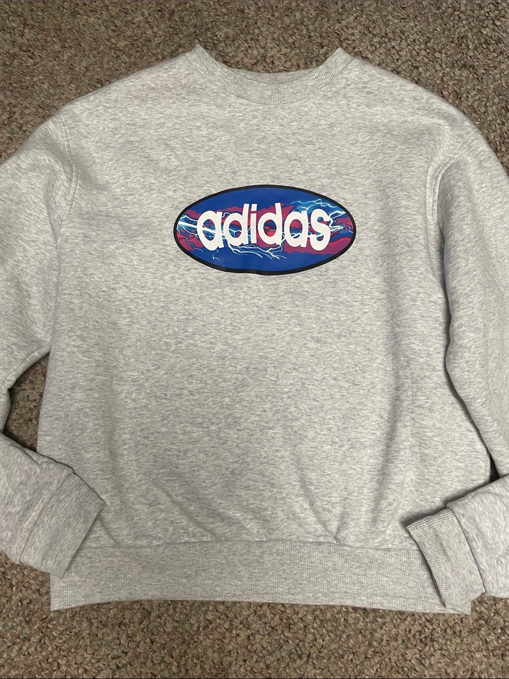 adidas Light Gray Crewneck Sweatshirt with Blue & Pink Logo- like new
